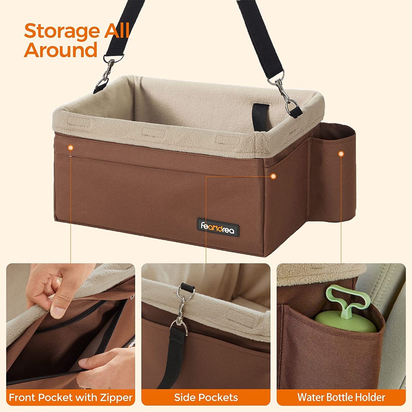 Dog Car Seat, Pet Booster Seat for Small Dogs up to 18 Lb, with Adjustable Straps, Removable Washable Fleece Liner, 4 Pockets, for Front Seats, Back Seats, Brown and Beige UPBS042K01