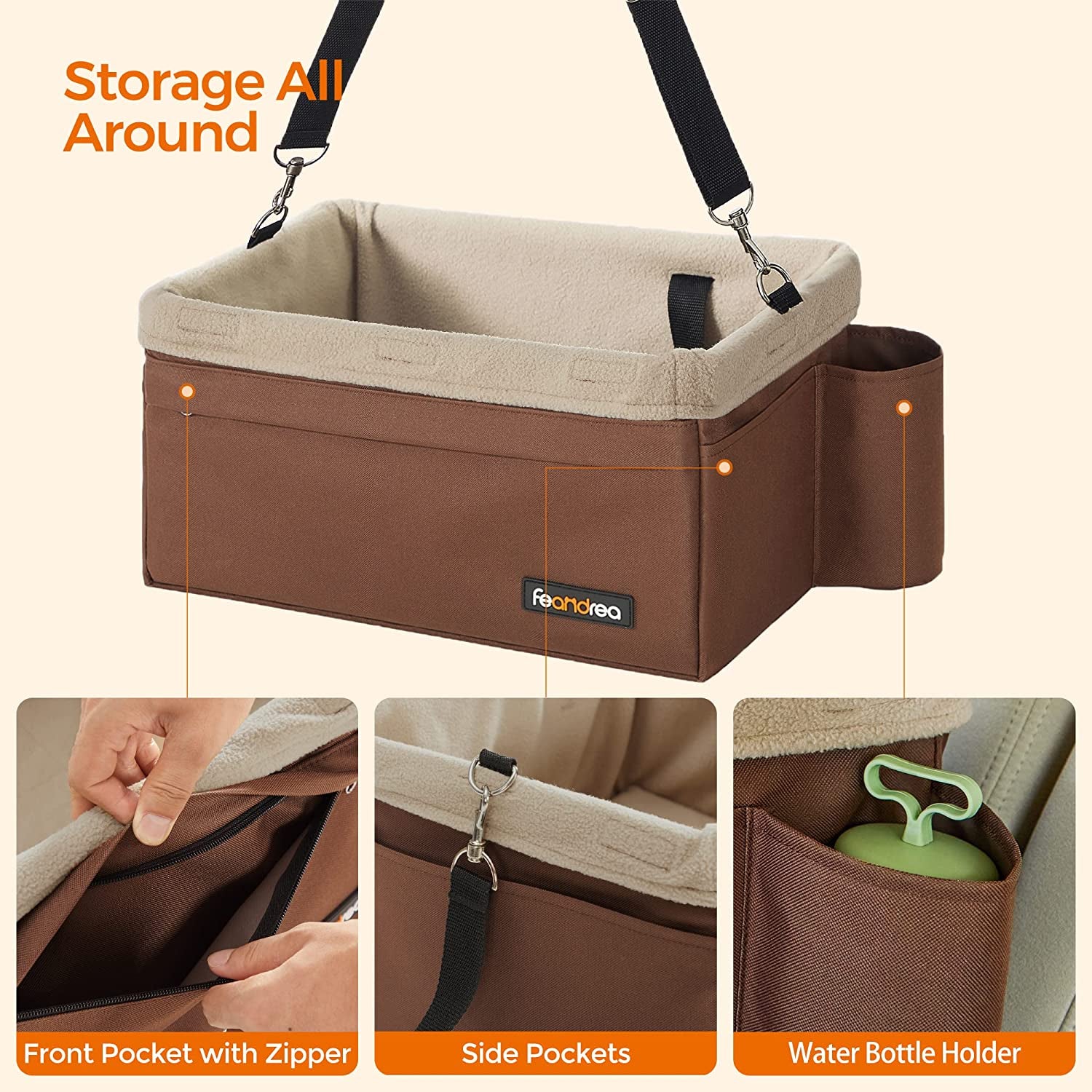 Dog Car Seat, Pet Booster Seat for Small Dogs up to 18 Lb, with Adjustable Straps, Removable Washable Fleece Liner, 4 Pockets, for Front Seats, Back Seats, Brown and Beige UPBS042K01