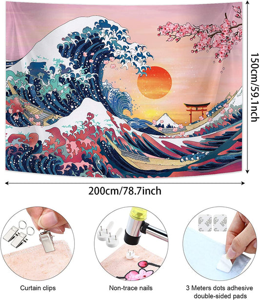 The Great Wave Tapestry Japanese Ocean Wave Wall Decorations Cherry Blossom Tree Backdrop Sunset Tapestry Wall Hanging Kanagawa Tapestry for Japanese Party Home Decorations (59 X 78.7 Inch)