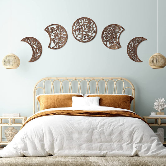 5 Pieces Moon Phase Wall Hanging Decor Moon Wall Art Decor Wooden Moon Wall Decoration Moon Phases Wall Art Decorative Nordic Moon Decor for Room Bar Ornament (Brown)