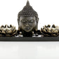 ® Lotus Tea Light Candle Holders with Buddha Head Sculpture and Wood Display Tray