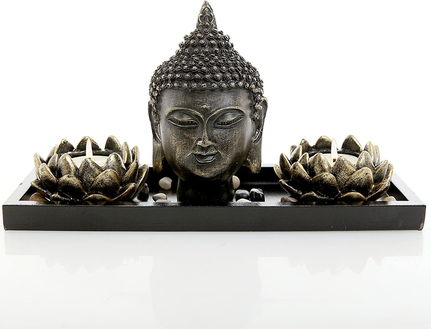 ® Lotus Tea Light Candle Holders with Buddha Head Sculpture and Wood Display Tray