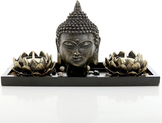 ® Lotus Tea Light Candle Holders with Buddha Head Sculpture and Wood Display Tray