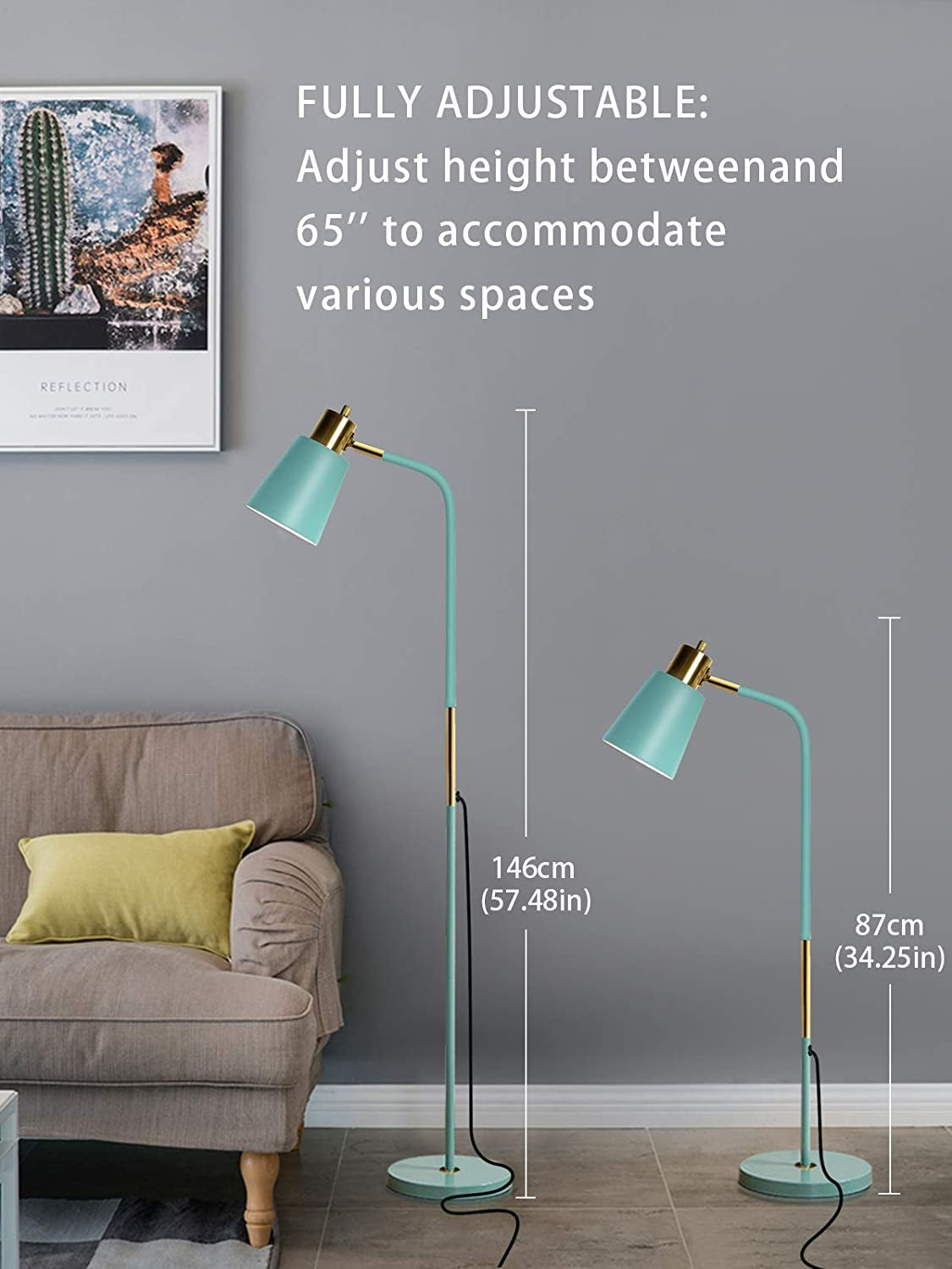 Floor Lamp, Industrial Floor Lamps for Living Rooms & Bedrooms - Rustic Farmhouse Reading Lamp - Standing, Adjustable Metal Heads Indoor Task Lighting for Living Room Bedroom Office Home Décor (Green)