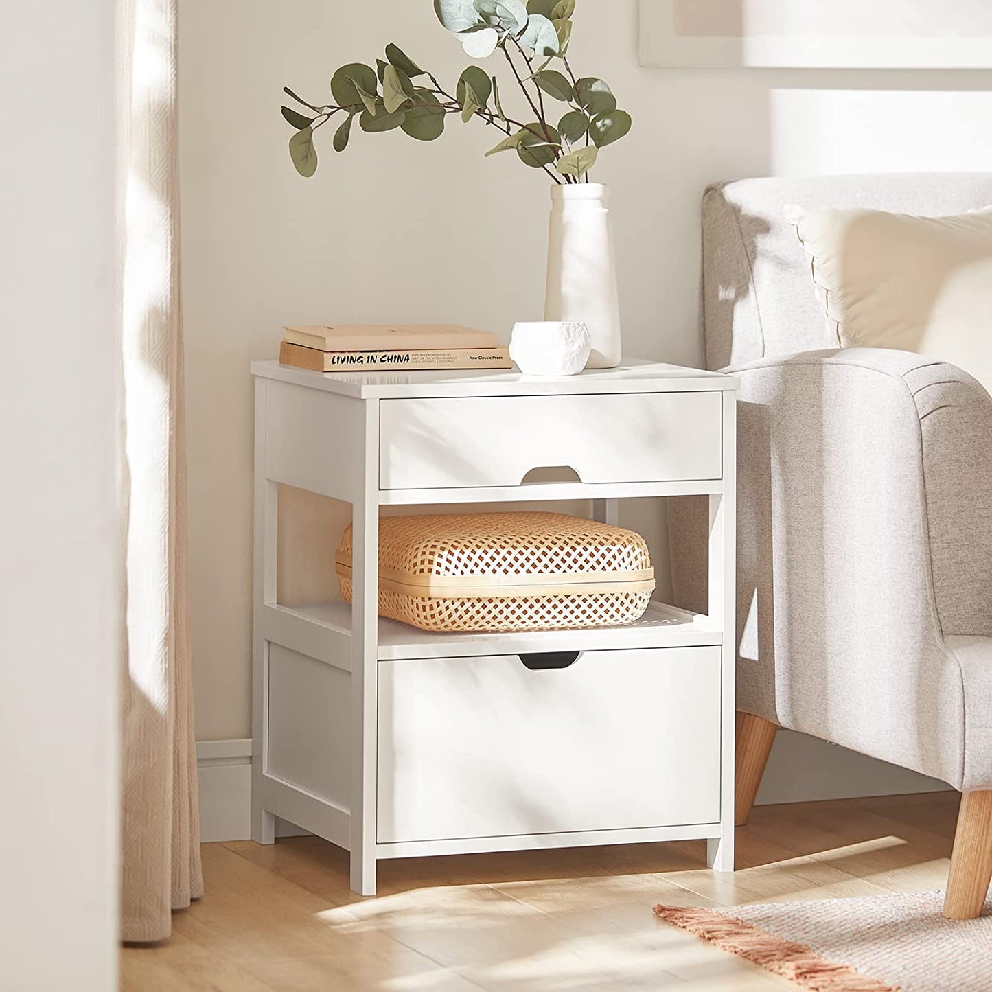 FRG258-W, White Nightstand with 2 Drawers, Bedside Table, End Table, Side Table, Lamp Table
