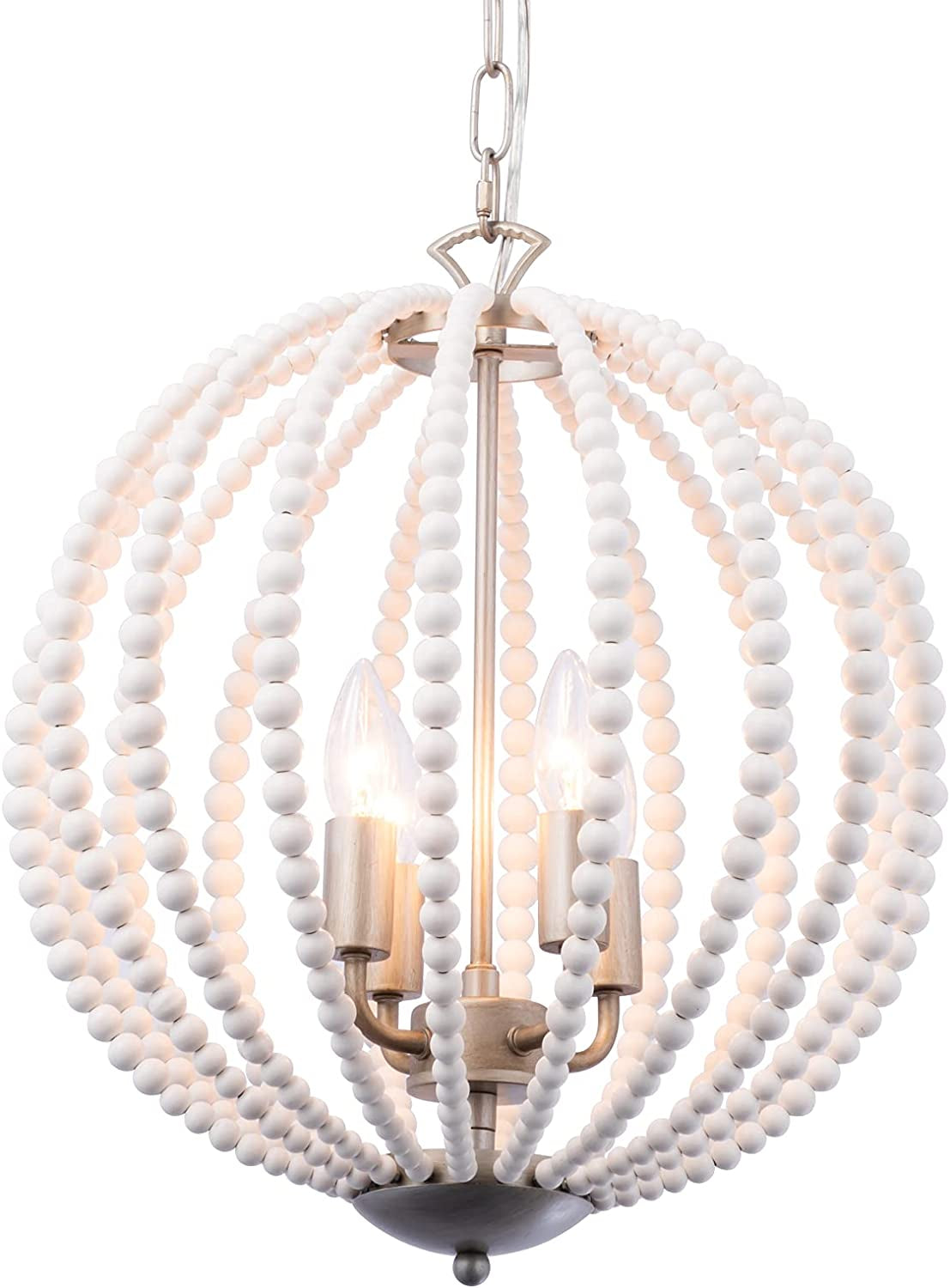 Boho Wood Beaded Pendant Light Candle Style Globe Chandelier White Finishing for Bedroom, Kitchen Island, Girl Room 4-Light