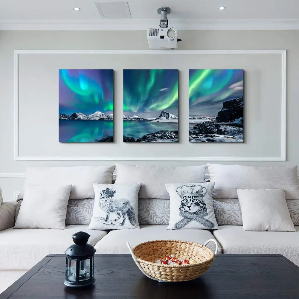 Farmhouse Wall Art Aurora Scenery Painting on Canvas Wall Decorations for Living Room Stretched and Framed Canvas Paintings 3 Piece Bedroom Bathroom Wall Decor Ready to Hang for Office Home Decor Art