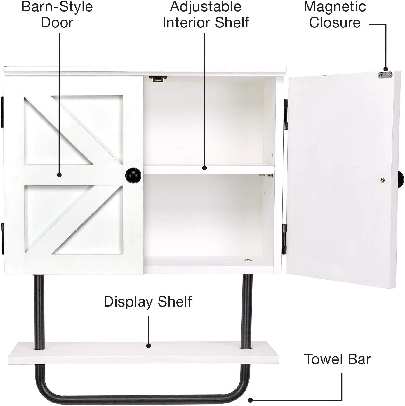 17X21” Barndoor Bathroom Wall Cabinet, Space Saver Storage Cabinet Kitchen Medicine Cabinet with Adjustable Shelf and Towel Bar, White