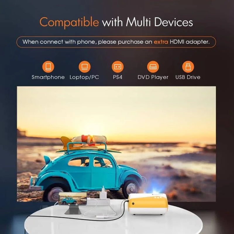 Mini Projector,  2023 Upgraded 1080P Supported Outdoor Projector, Kids Gift, Movie Projector for Outdoor Use, 50% Zoom, Compatible with HDMI, USB, Laptop, Ios, Android Phone and TV Box