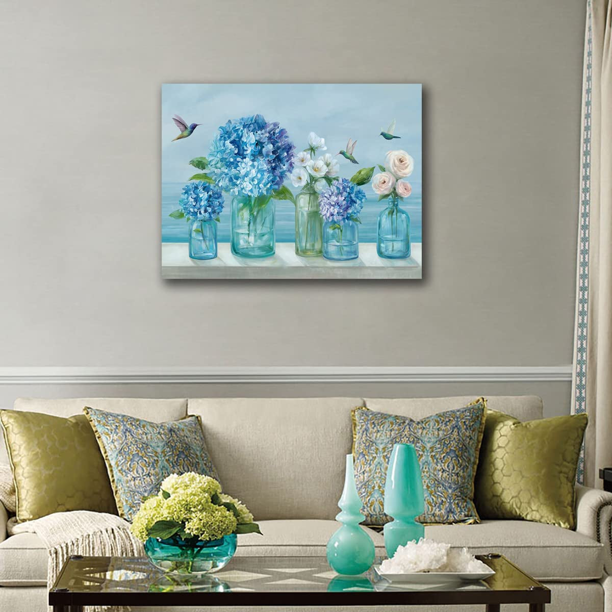 Flowers Canvas Wall Art White Floral Canvas Pictures Rose Hydrangea in Jar Wall Decor Bird Print Blue Painting Contemporary Artwork Living Room Bedroom Kitchen Home Decor 12"X 16"