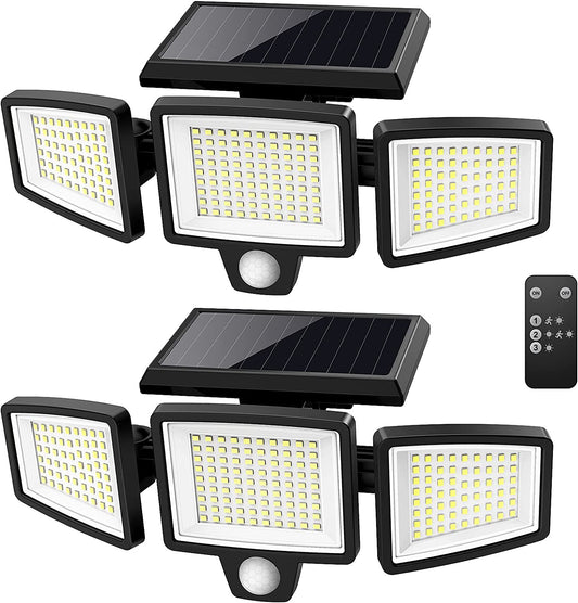 Solar Outdoor Lights , 2500LM 210 LED Security Lights with Remote Control,3 Heads Motion Sensor Lights, IP65 Waterproof,270° Wide Angle Flood Wall Lights with 3 Modes(2 Packs)