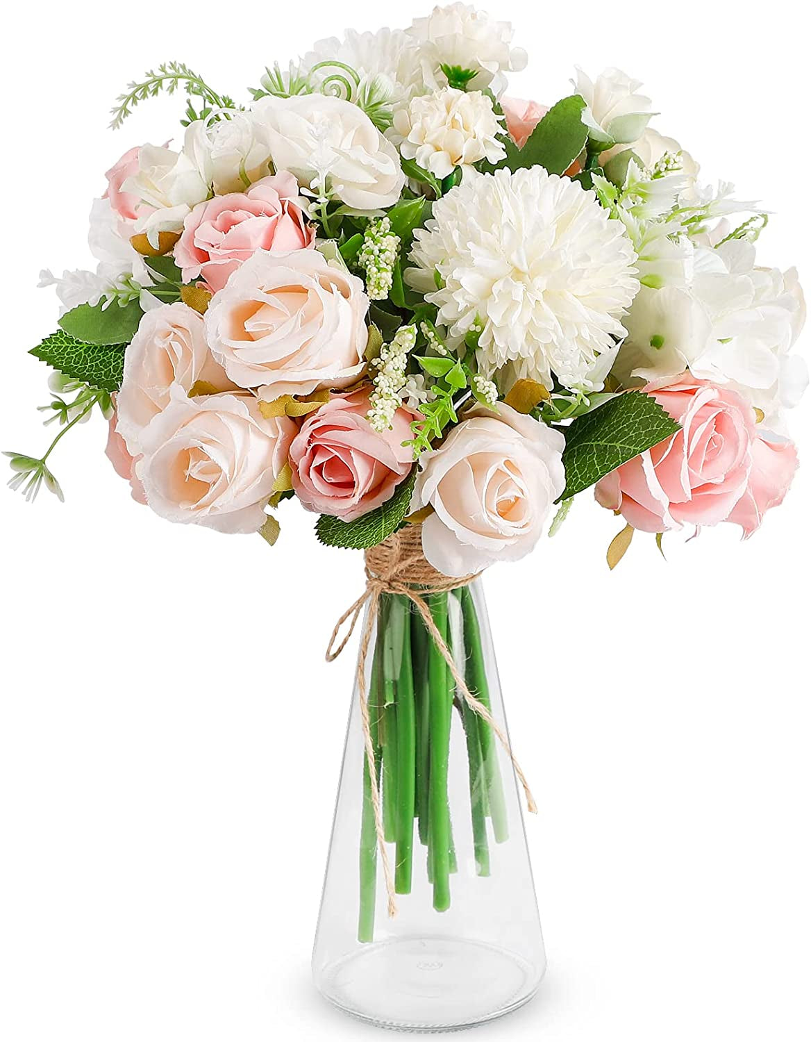 Fake Rose Flower Bouquet with Glass Vase Wedding Centerpiece Decor Artificial Rose Fake Flowers Faux Flower Arrangement for Home Office Decoration Dining Table Centerpiece Bridal Decor