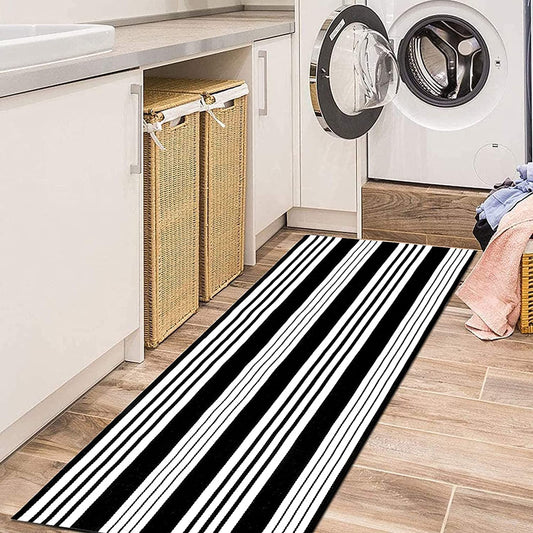 Hallway Runner Rug 2'X6', Black/White Rug Machine Washable Striped Kitchen Rug Runner Cotton Woven Indoor/Outdoor Rugs Laundry Room Rug Entryway Rug for Farmhouse/Bedroom/Bathroom