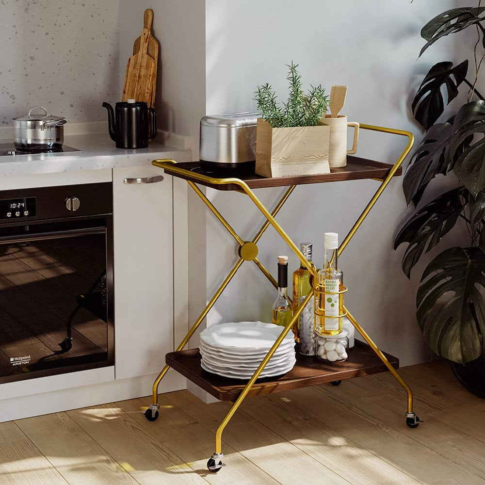 Bar Cart with Wine Rack, 2 Tier Kitchen Cart on Wheels Industrial Coffee Cart, Liquor Cart with Glass Holders for Kitchen Living Room, Brown/Brass