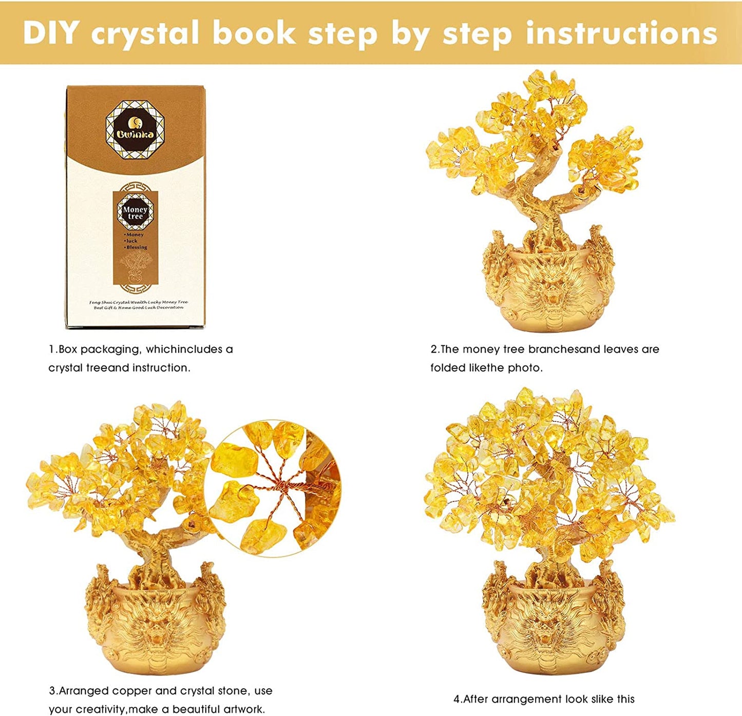 Feng Shui Citrine/Yellow Crytal Money Tree Bonsai with Chinese Decoration for Luck and Wealth