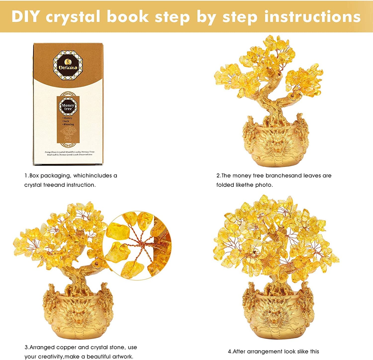 Feng Shui Citrine/Yellow Crytal Money Tree Bonsai with Chinese Decoration for Luck and Wealth