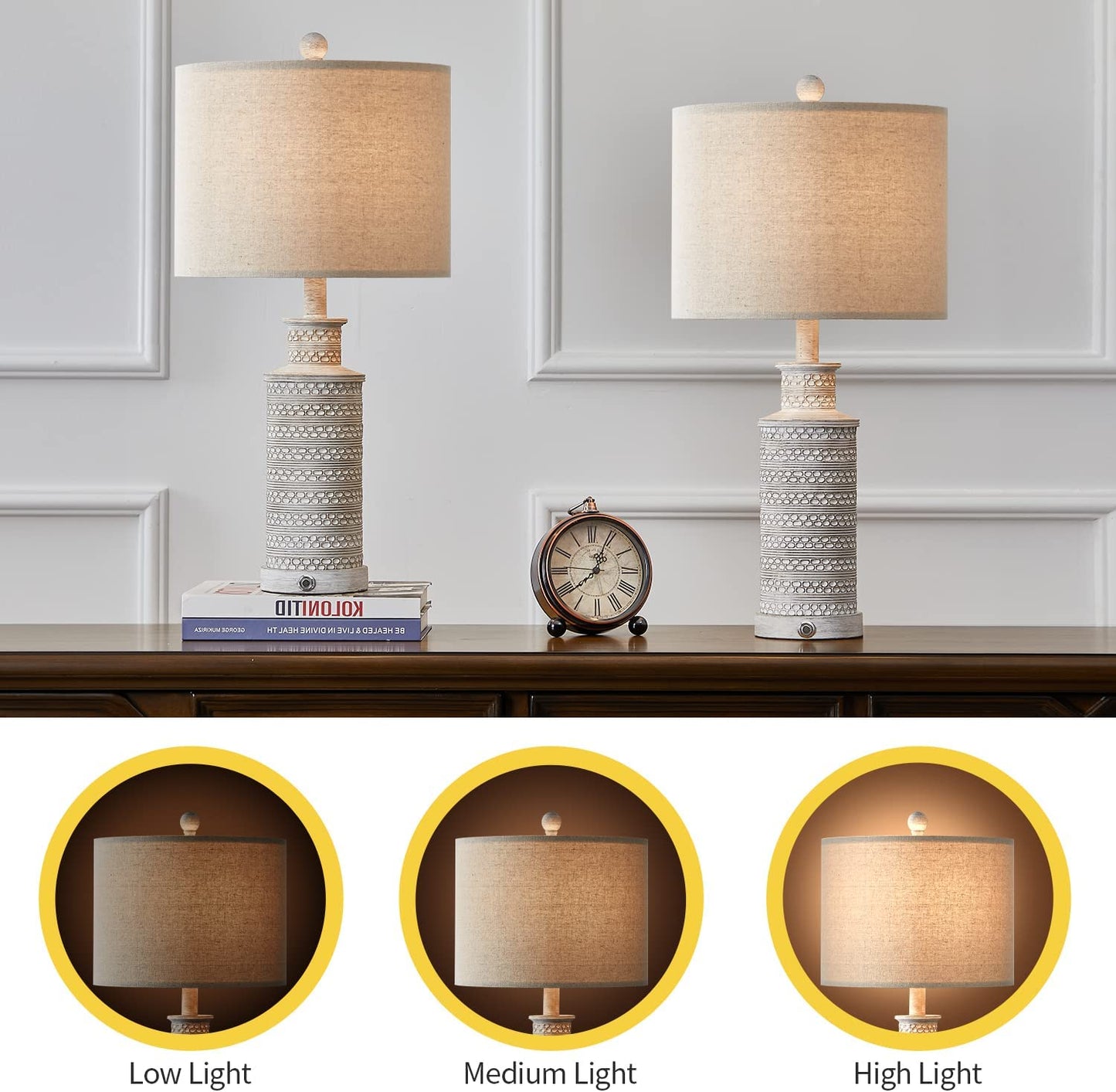 3-Way Dimmable Touch Control Table Lamp Set of 2 with Dual USB Charging Ports for Bedroom Living Room Vintage Rustic Farmhouse Traditional Nightstand Bedside Lamps(Bulbs Included)