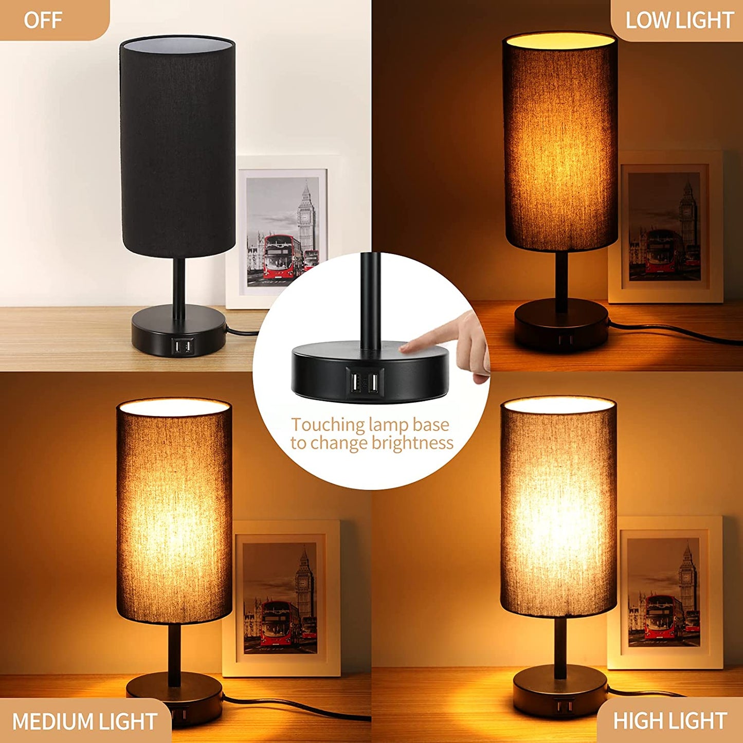 Bedside Lamp with USB Port - Touch Control Table Lamp for Bedroom 3 Way Dimmable Nightstand Lamp with round Black Fabric Shade for Living Room, Dorm, Home Office (LED Bulb Included)