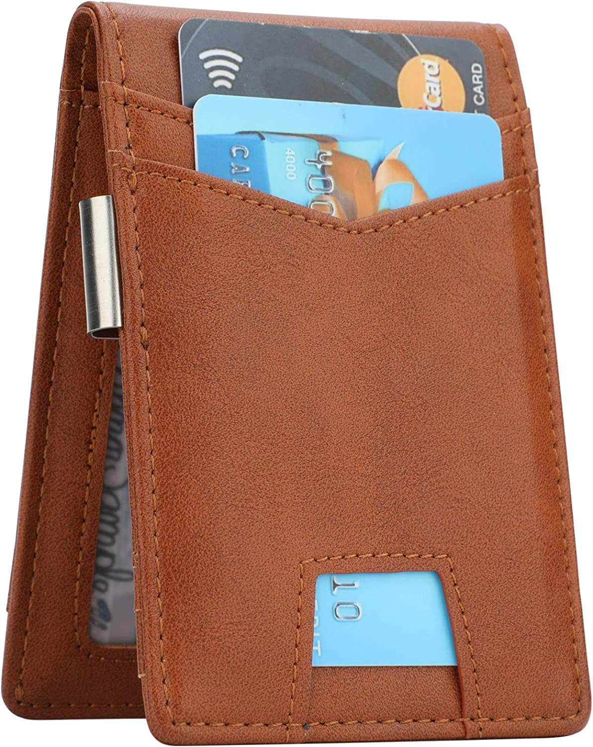 Slim Minimalist Front Pocket Wallet with Money Clip for Men, Genuine Leather RFID Blocking