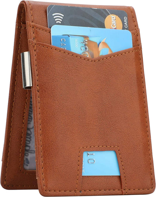 Slim Minimalist Front Pocket Wallet with Money Clip for Men, Genuine Leather RFID Blocking