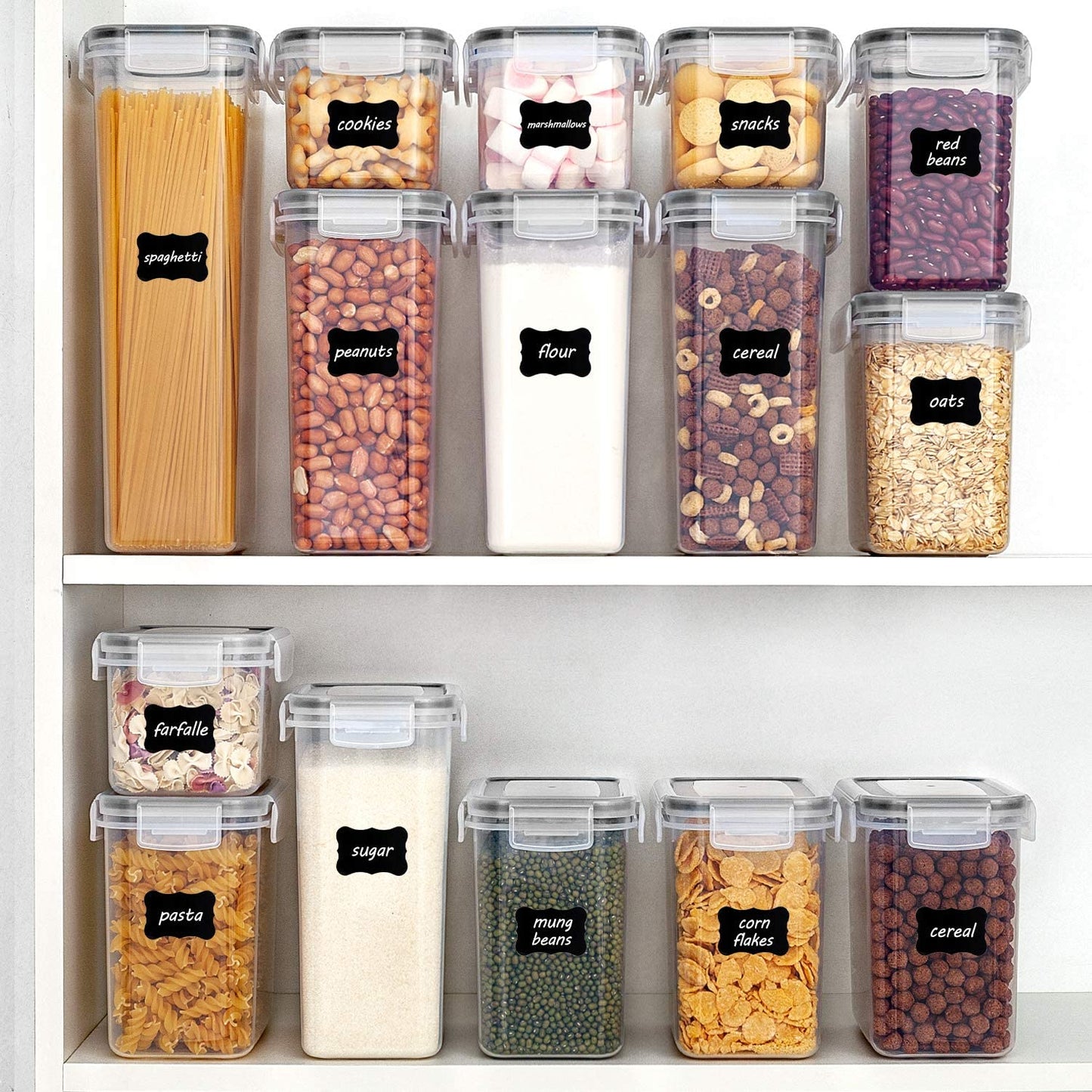 Airtight Food Storage Containers with Lids,  24 Pcs Plastic Kitchen and Pantry Organization Canisters for Cereal, Dry Food, Flour and Sugar, BPA Free, Includes 24 Labels