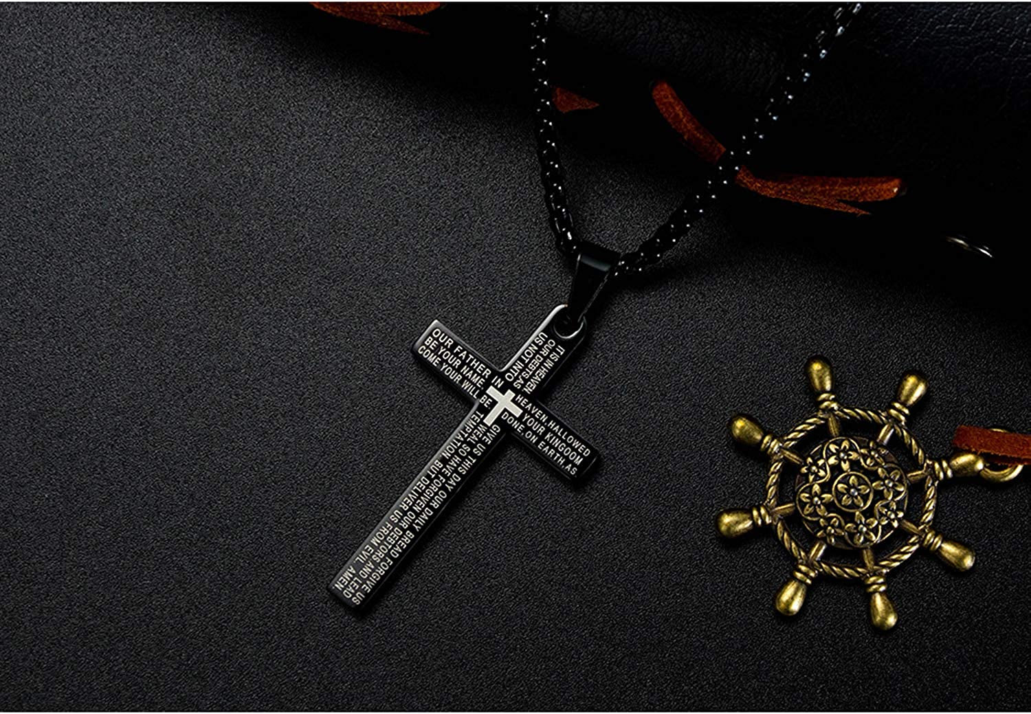 Cross Necklace for Men Cross Pendant STRENGTH Bible Verse Stainless Steel Necklace