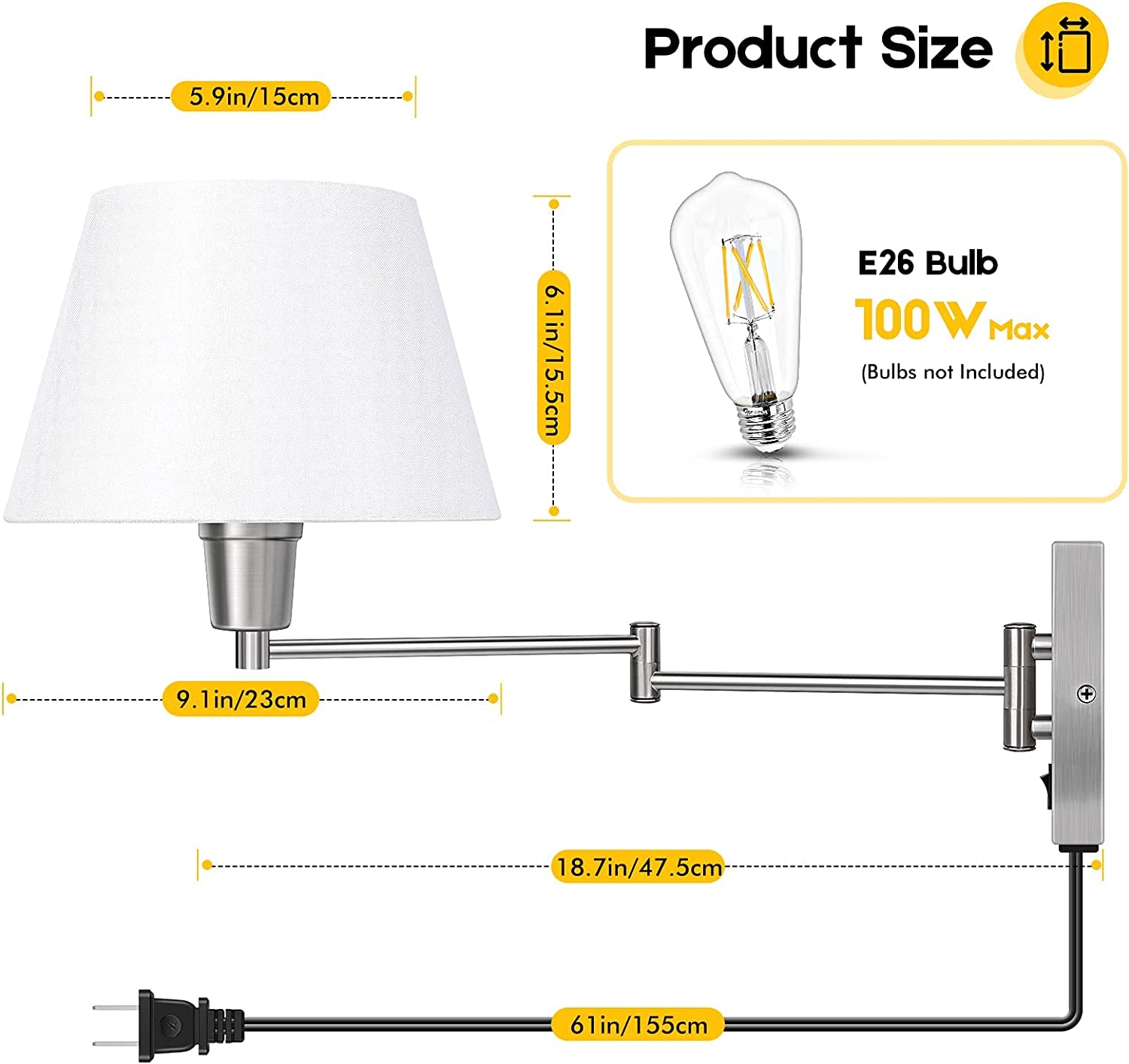 Swing Arm Wall Sconces Set of 2, Indoor Plug in Wall Lamp with White Fabric Shade Hardwired Wall Light Fixture with E26 Base Decor for Bedroom Living Room Porch Hallway Office