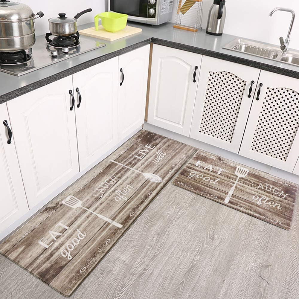 Kitchen Rug Set, Kitchen Floor Mats 2 Piece PVC Leather anti Fatigue Comfort Heavy Duty Standing Mat Waterproof Oil Proof Non-Skid Rubber Back Washable Doormat Bathroom Area Rug Carpet