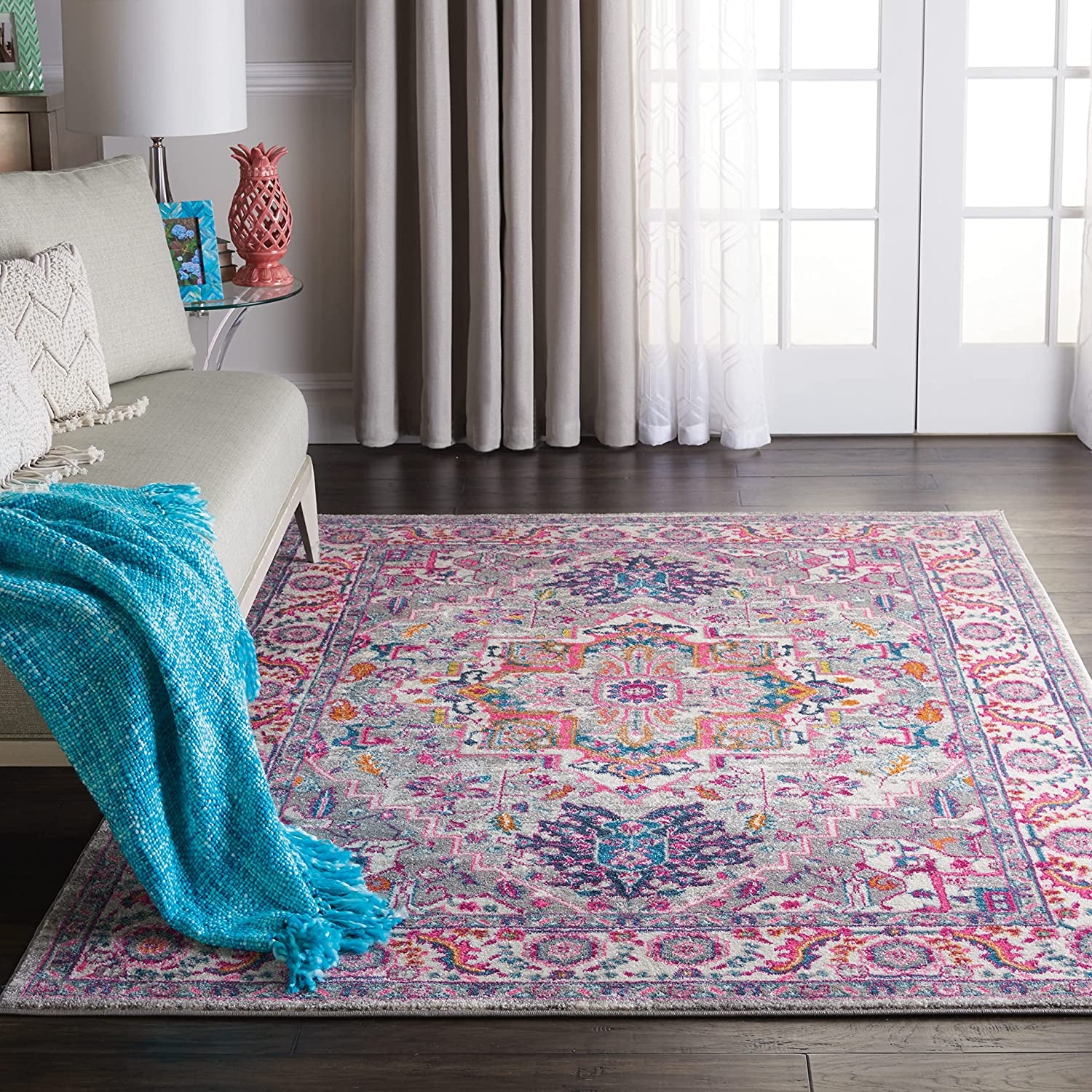 Passion Bohemian Light Grey/Pink 5'3" X 7'3" Area Rug, Easy Cleaning, Non Shedding, Bed Room, Living Room, Dining Room, Kitchen (5X7)