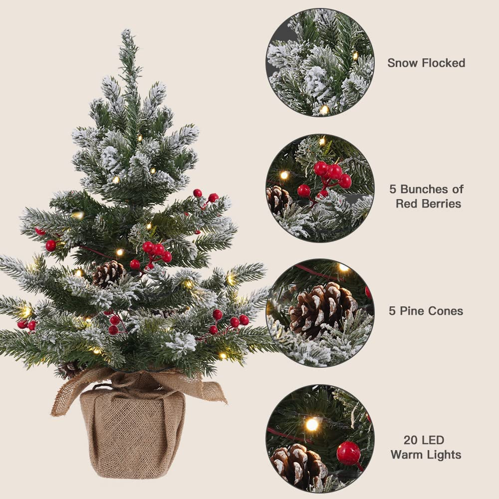 24 Inch 2 FT Pre-Lit Snowy Mini Christmas Tree, DESPAS Flocked Small Tabletop Christmas Tree with 20 LED Lights Red Berries Pine Cones and Cloth Bag Base Xmas Decorations for Holiday Party Home