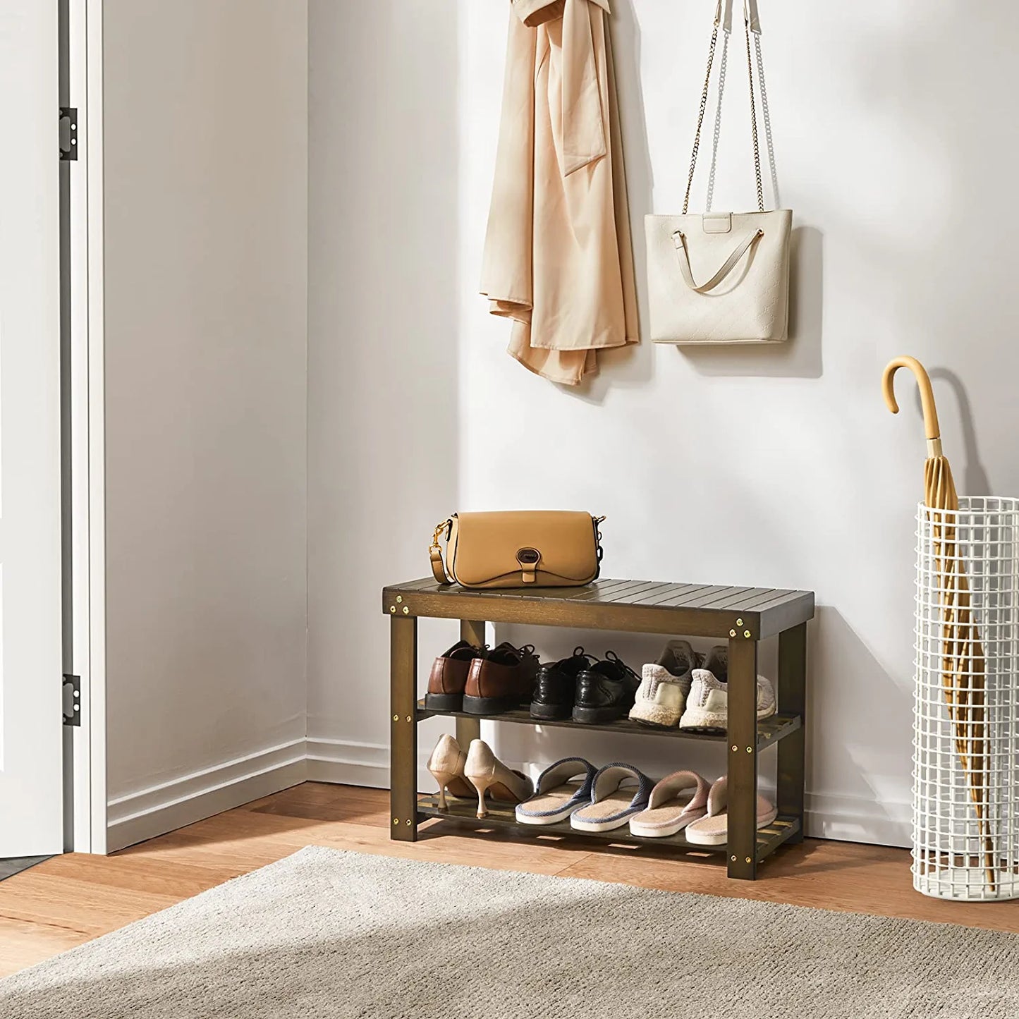 Bamboo Shoe Rack Bench, 3-Tier Sturdy Shoe Organizer, Storage Shoe Shelf, Holds up to 300Lbs for Entryway Bedroom Living Room Balcony (Dark Brown)