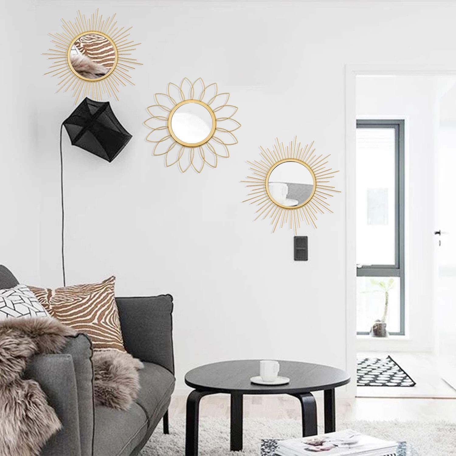 3 Pack Gold Mirrors for Wall Metal Sunburst Wall Mirrors Home Décor Decorative Hanging Wall Art for Living Room Bedroom Entryway