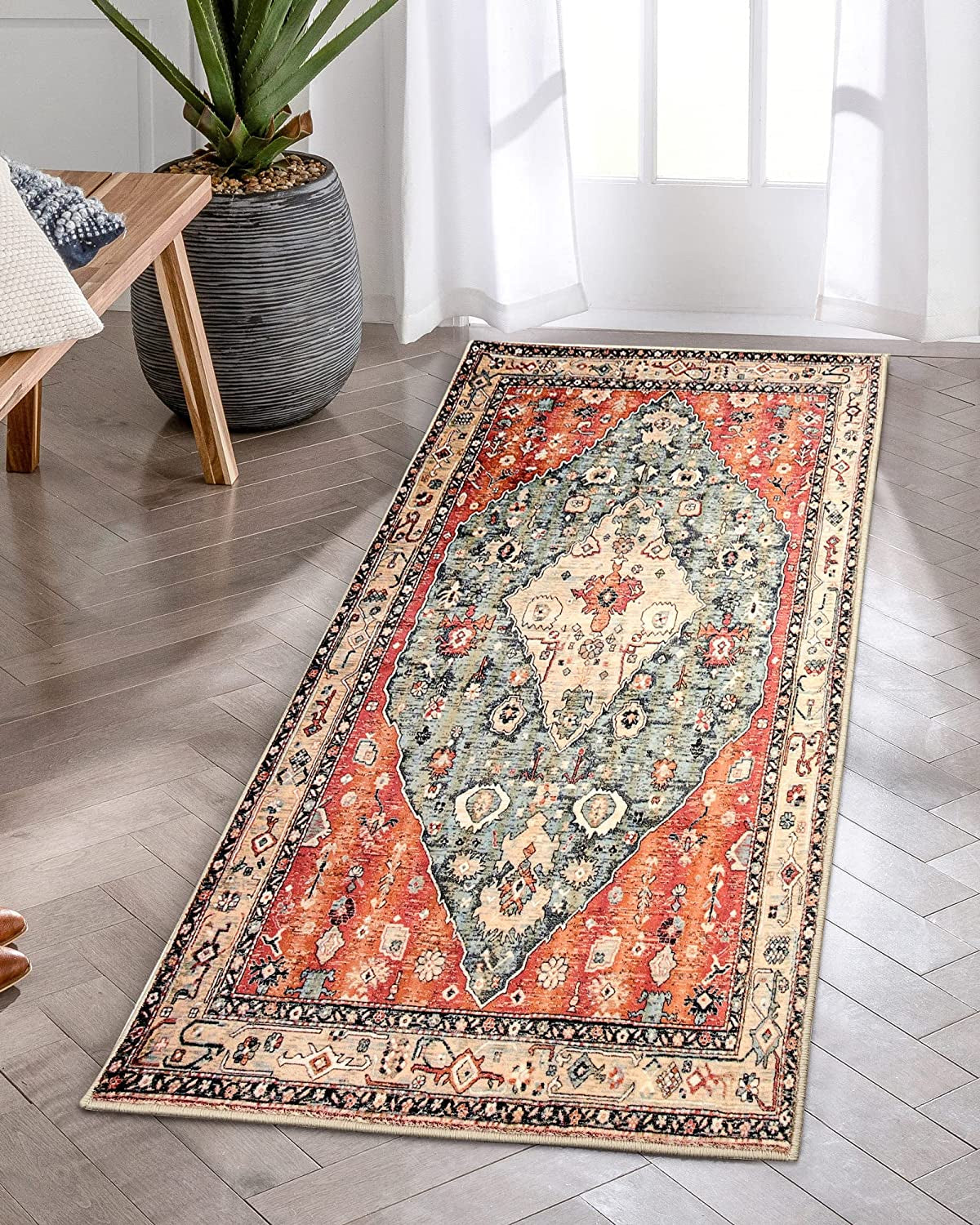 Boho Tribal Area Rug - 2X4.3 Persian Hallway Runner Rug Doormat Bohemian Faux Wool Throw Rug Non-Slip Washable Low-Pile Floor Carpet for Kitchen Laundry Room Entrance Bathroom