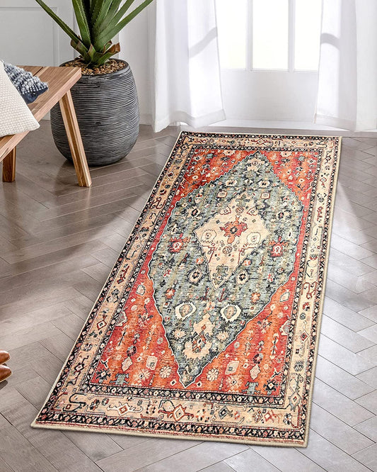 Boho Tribal Area Rug - 2X4.3 Persian Hallway Runner Rug Doormat Bohemian Faux Wool Throw Rug Non-Slip Washable Low-Pile Floor Carpet for Kitchen Laundry Room Entrance Bathroom