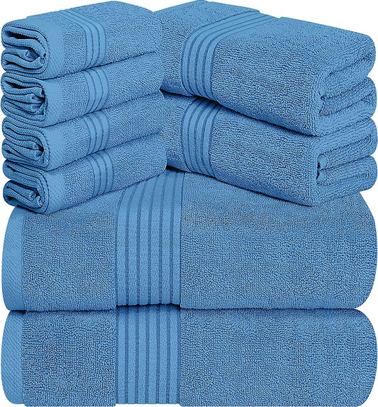 8-Piece Luxury Towel Set, 2 Bath Towels, 2 Hand Towels, and 4 Wash Cloths, 600 GSM 100% Ring Spun Cotton Highly Absorbent Towels for Bathroom, Sports, and Hotel (Electric Blue)