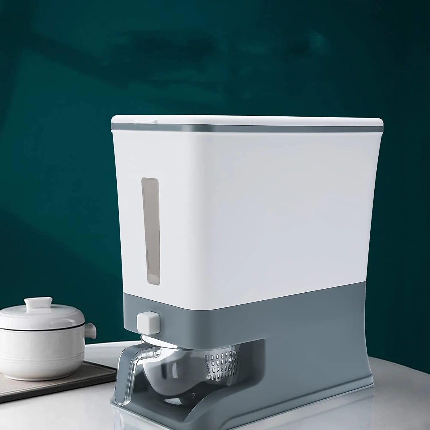 Household Rice Bucket with Lid and Measuring Cup ,Large Cereal Dry Food Storage Box, Measurable Rice Cylinder, Automatic Rice Dispenser Grain Storage Bin
