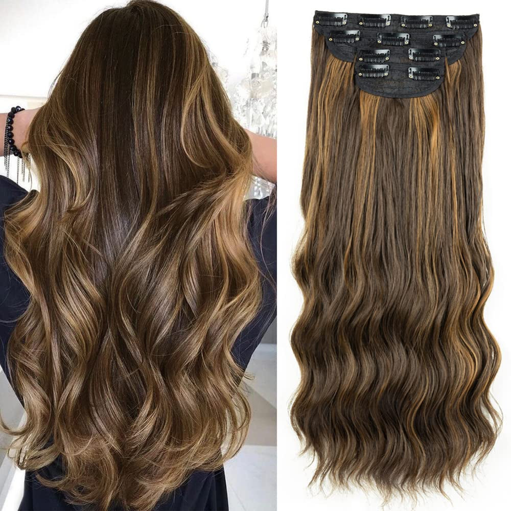 Clip in Hair Extensions 4Pcs Set Curly Wave 24 Inch Long Hair Extension Clip Ins Balayage,Wavy Hair Extensions for Women Synthetic Clip on Extension