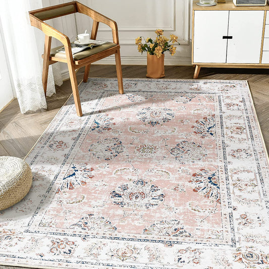 Area Rug 4X6 Persian Rug Pink Vintage Floor Mat Kitchen Indoor Thin Rug Floral Print Carpet Foldable Rug Retro Accent Rug Farmhouse Non Slip Bathroom Dining Room Living Room Bedroom Office