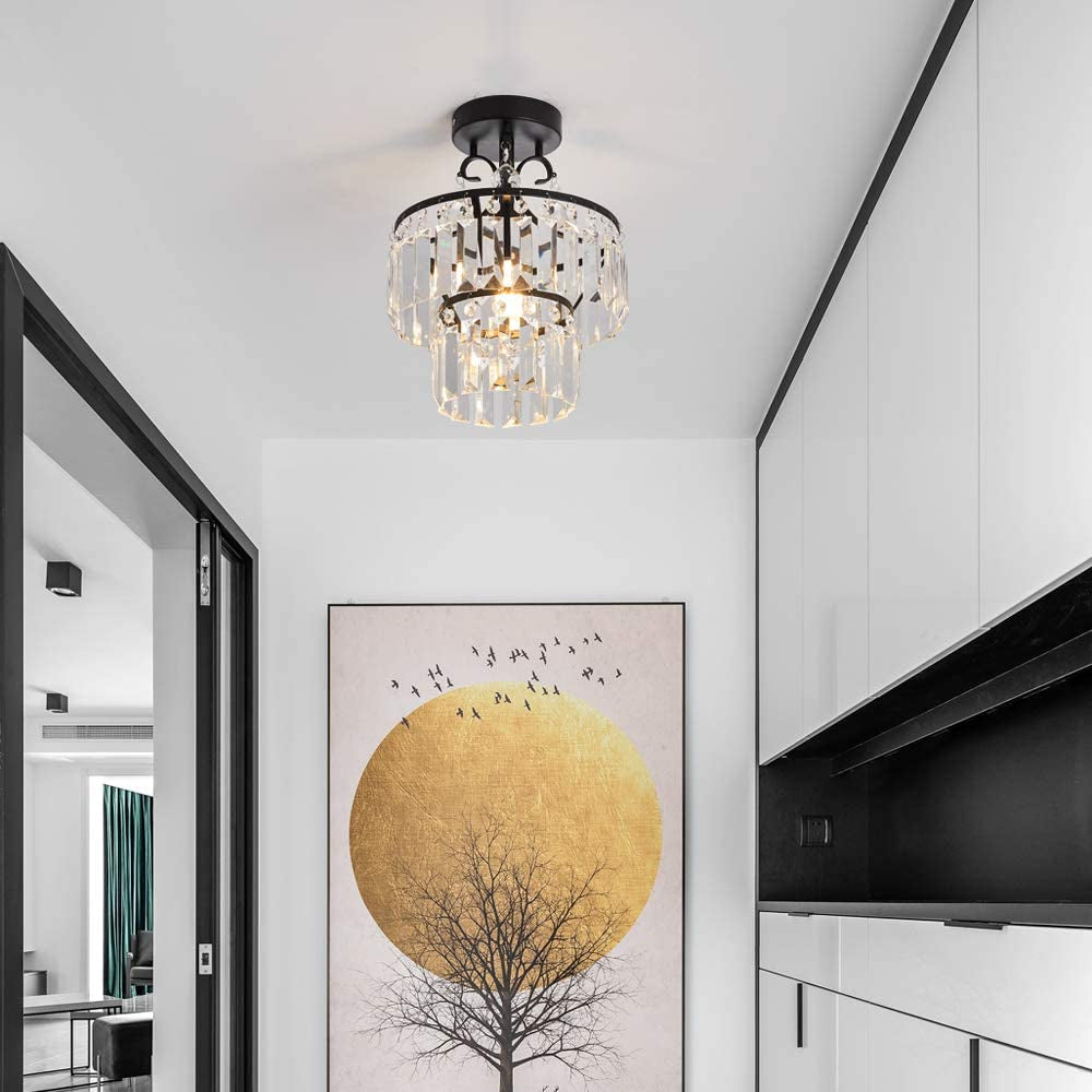 Small Crystal Raindrop Mini Chandeliers Semi Flush Mount Ceiling Light Fixture Small Ceiling Lamp for Hallway Bar Kitchen Dining Room Living Room
