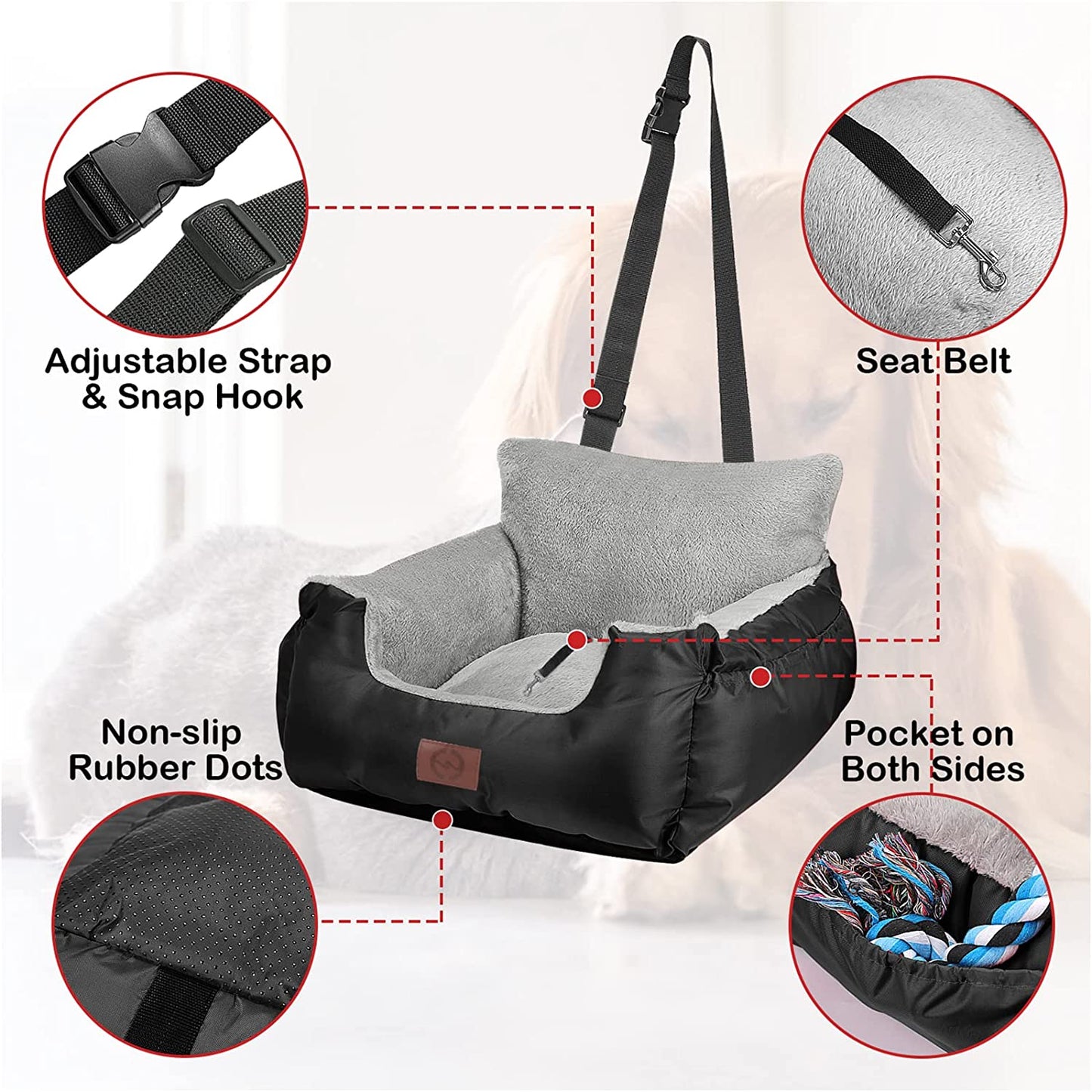 Dog Car Seat for Small Dogs, Warm Soft Pet Car Seat Washable Dog Car Bed with Storage Pocket and Clip-On Safety Leash Portable Car Travel Carrier Booster Seats