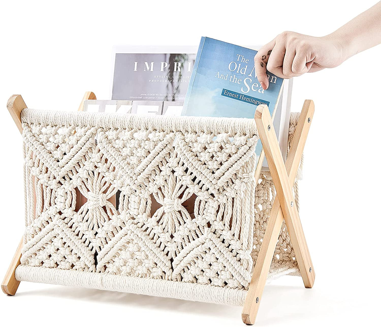Macrame Magazine Rack Boho Magazine Holder Storage Standing Basket for Books, Newspapers, Swaddle Blanket, Living Room, Bathroom, Office, Nursery, Home Decor, Medium Size, 14’’L X 10’’W