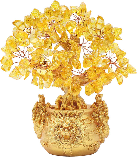 Feng Shui Citrine/Yellow Crytal Money Tree Bonsai with Chinese Decoration for Luck and Wealth