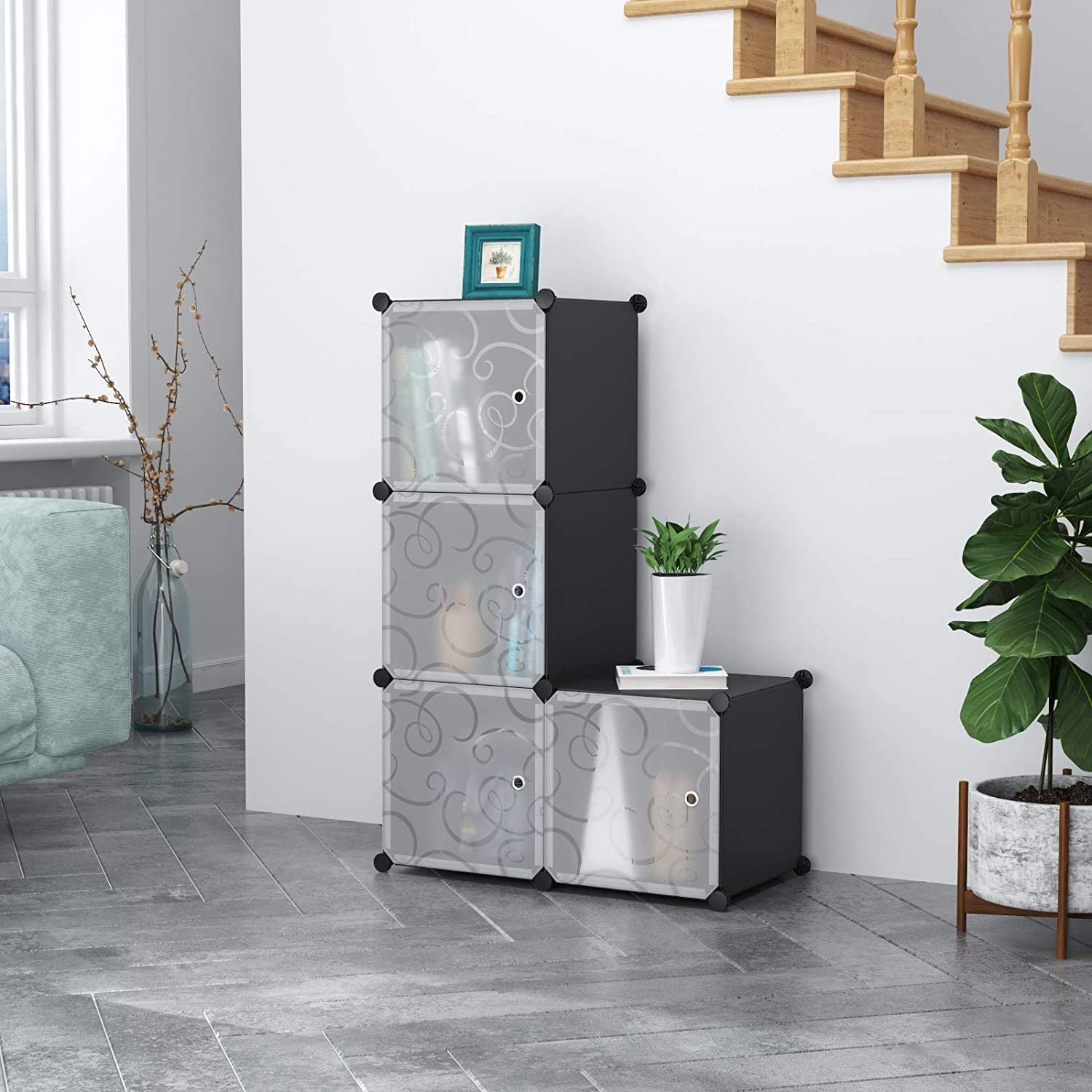Cube Storage with Doors, 4-Cube Storage Organizer, Plastic Closet Cabinet, Modular Book Shelving Units, Storage Shelves, Ideal for Living Room, Home, Office, 24.8" L X 12.4" W X 24.8" H Black