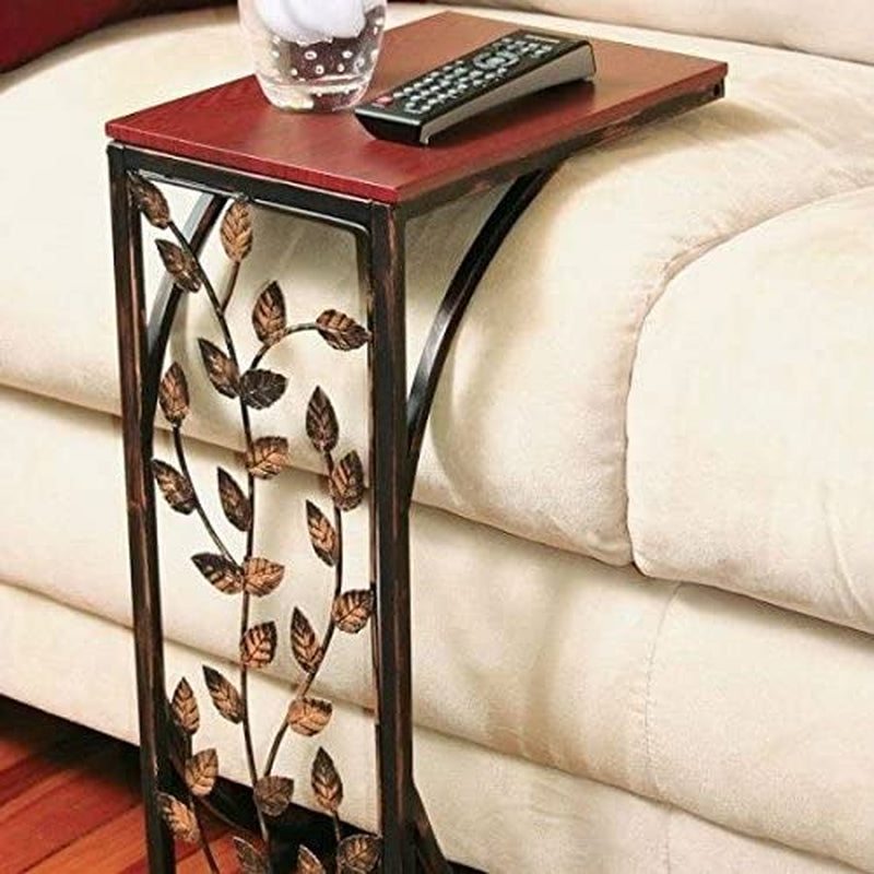 Sofa Side and End Table, Small - Metal, Dark Brown Wood Top with Leaf Design - Perfect for Your Living Room, Slides up to Sofa / Chair / Recliner - Keep Snacks, Drinks Books & Phone at Easy Reach