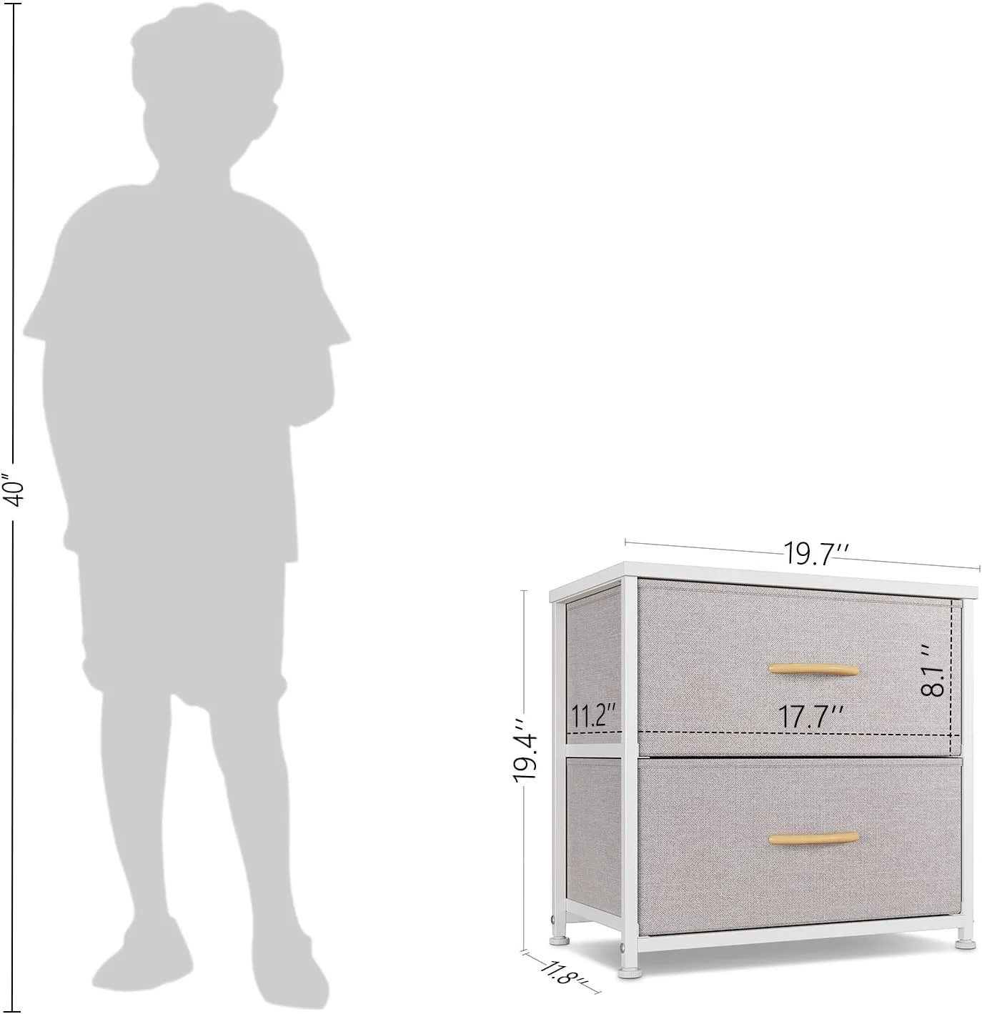 Dresser Nightstand, beside Table for Bedroom, Small Kids Bedroom Fabric Tall Dresser 2 Drawer Storage Tower Organizer Unit for Hallway Entryway Closets, Steel Frame Wood Top, Light Grey
