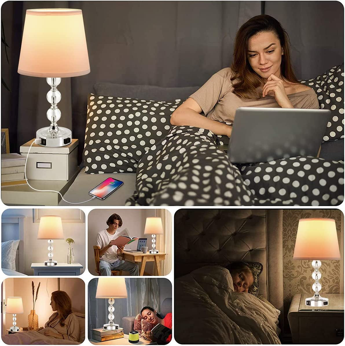 Table Lamp Set of 2, Bedside Touch Control Table Lamps for Bedroom Living Room, 3 Way Dimmable Nightstand Lamp with 2 USB Ports & AC Outlet, 2700K 9W Bulbs Included(Silver).
