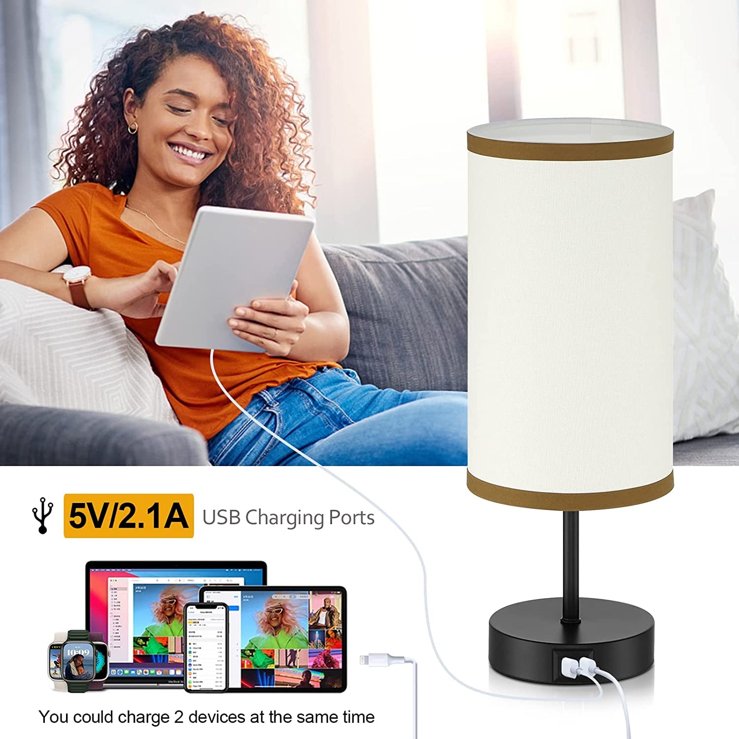 Bedside Lamp with 2 USB Ports,  3-Way Dimmable Touch Control Table Lamp for Bedroom, Nightstand Lamp with round White Fabric Shade for Living Room Home Office (E26 LED Bulb Included)