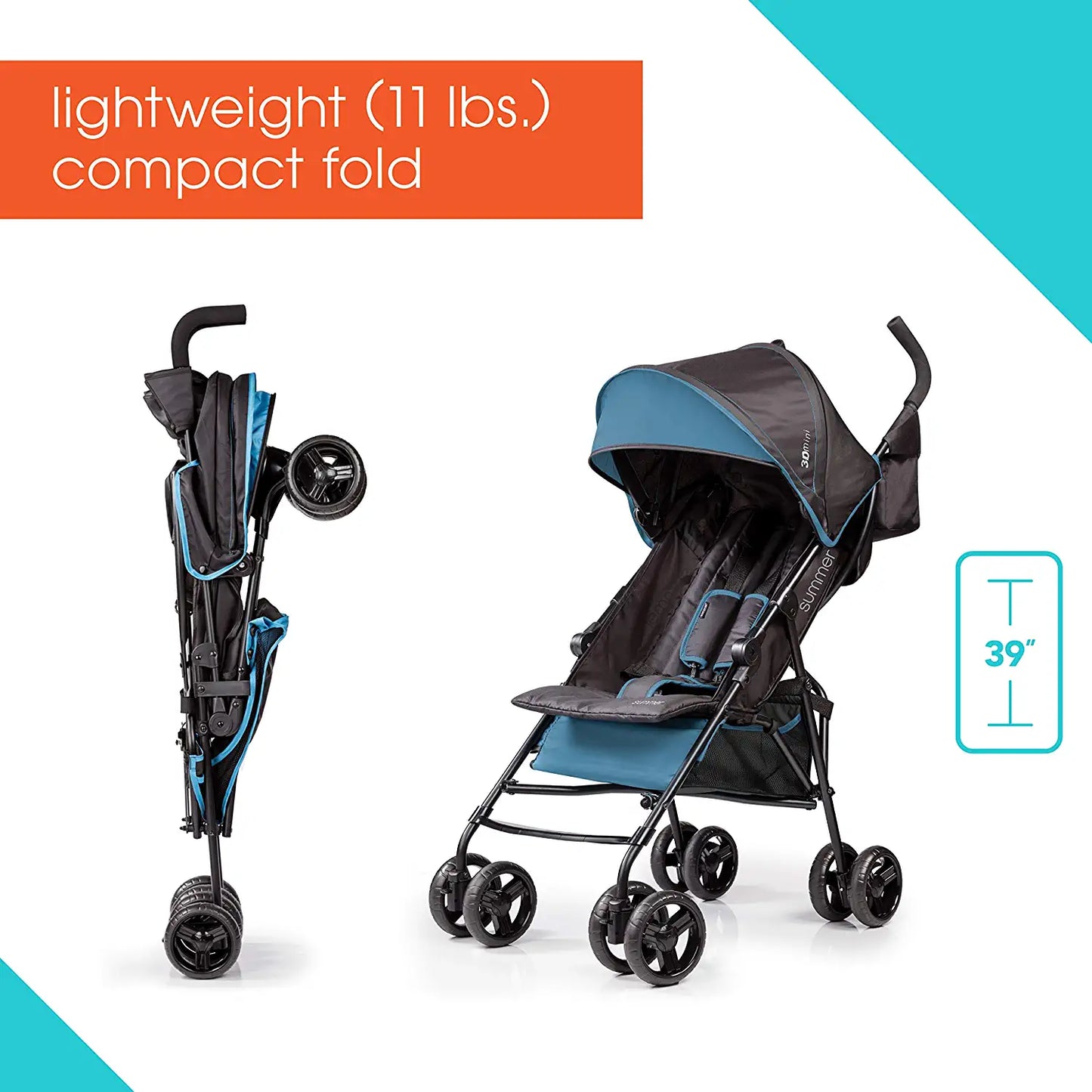 Summer 3Dmini Convenience Stroller, Blue/Black – Lightweight Infant Stroller with Compact Fold, Multi-Position Recline, Canopy with Pop Out Sun Visor and More – Umbrella Stroller for Travel and More