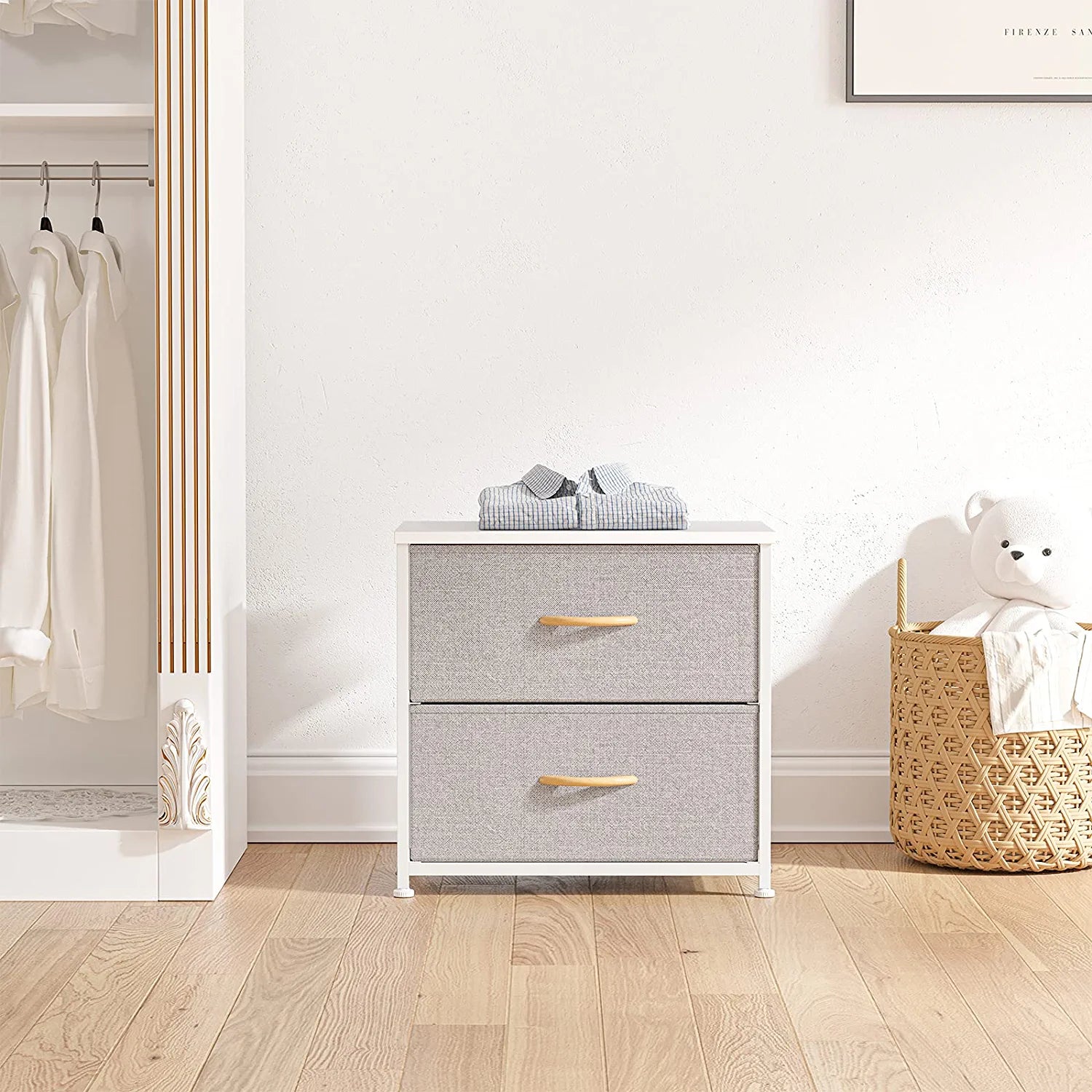 Dresser Nightstand, beside Table for Bedroom, Small Kids Bedroom Fabric Tall Dresser 2 Drawer Storage Tower Organizer Unit for Hallway Entryway Closets, Steel Frame Wood Top, Light Grey