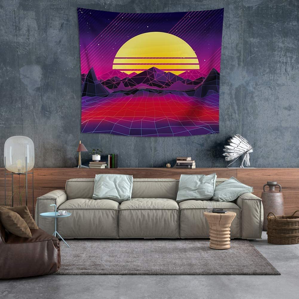 Trippy Mountain and Sun Tapestry Hippie Sunset Tapestry Abstract Landscape Tapestry Wall Hanging for Bedroom Living Room Dorm Home Decor (51.9 X 59.8 Inches)